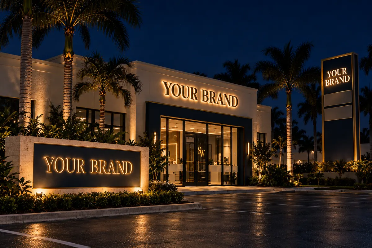 A storefront at night with lit channel letters, a monument sign and a pylon sign