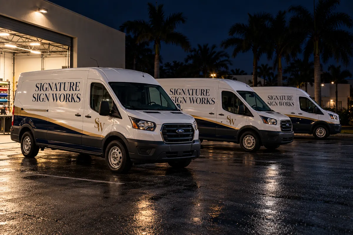 Three white vans lettered Signature Sign Works outside the shop at night