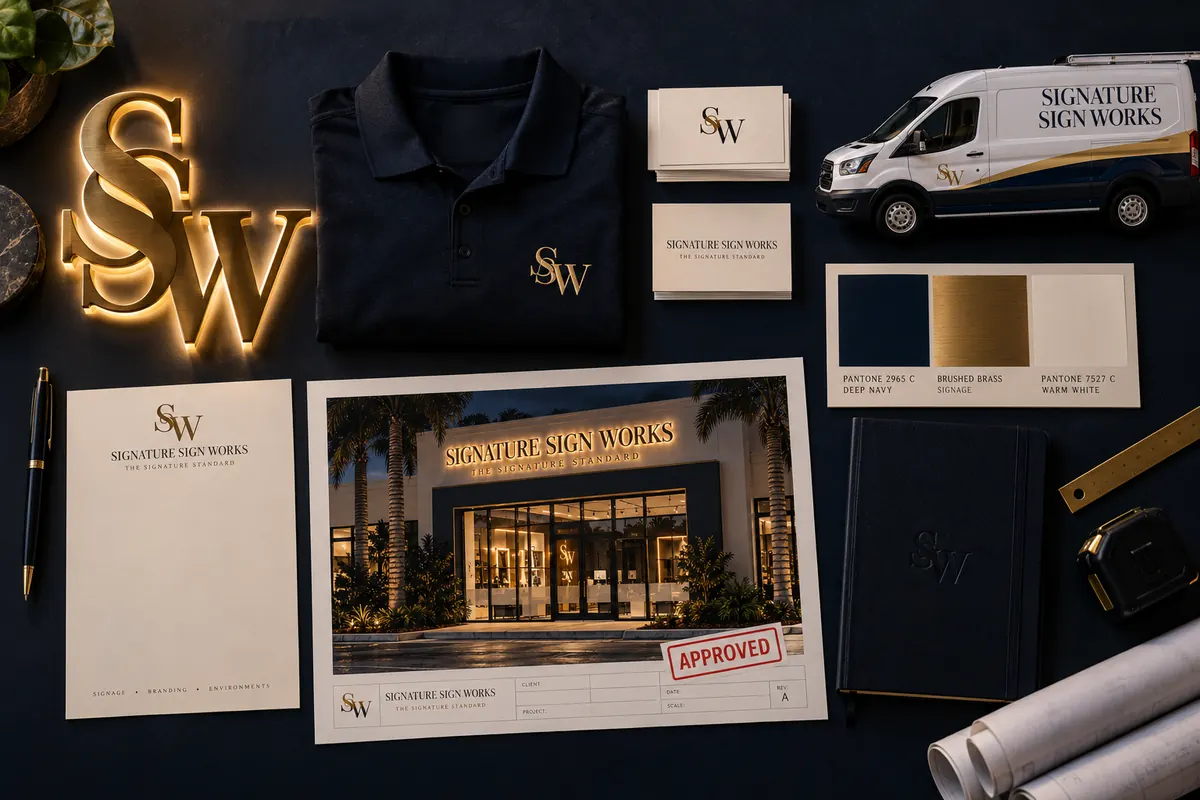 A full brand suite: brass SSW letters, a polo, business cards, letterhead, color swatches, an approved sign proof and a lettered van