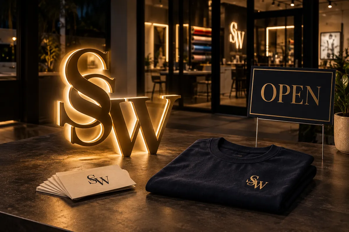 A lit brass SSW letter sign, business cards, a folded shirt and an OPEN sign